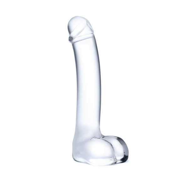 Прозрачный стеклянный фаллос с мошонкой Curved G-Spot - 18 см.