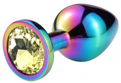 Разноцветная гладкая анальная пробка с желтым кристаллом - 8 см.