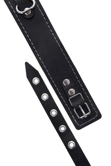 Кожаный двухслойный ошейник с белой строчкой и поводком