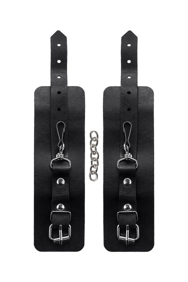 Черные однослойные наручники из натуральной кожи с цепочкой