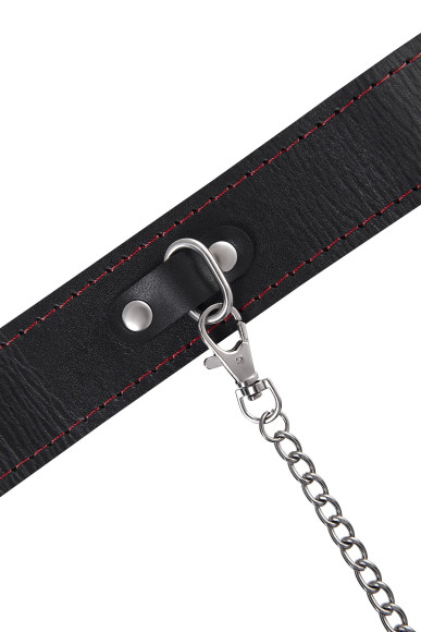 Кожаный двухслойный ошейник с красной строчкой и поводком