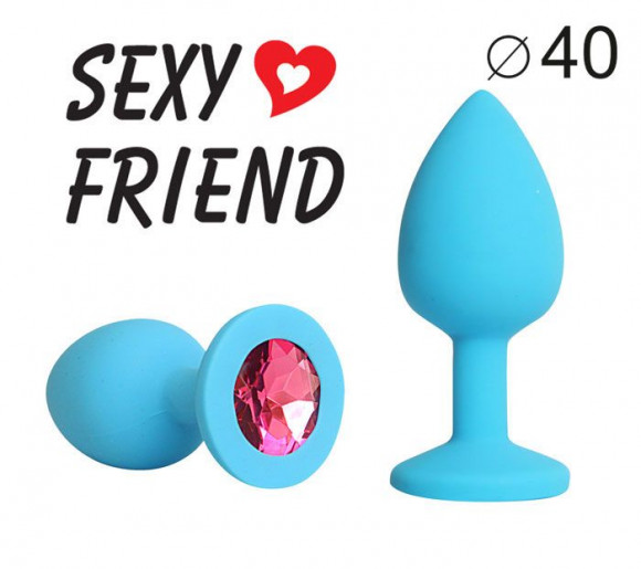 Голубая силиконовая анальная пробка с малиновым кристаллом - 9,5 см.