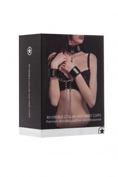 Чёрный двусторонний ошейник с наручниками Reversible Collar and Wrist Cuffs
