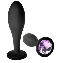 Черная анальная пробка с сиреневым кристаллом - 7,7 см.