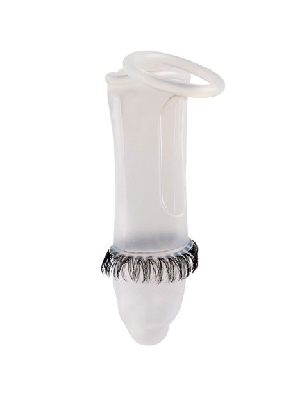 Закрытая насадка на пенис с подхватом мошонки и стимулирующими «ресничками»