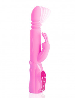 Розовый вибромассажёр с клиторальным зайчиком WOW! G-MOTION RABBIT - 26 см.