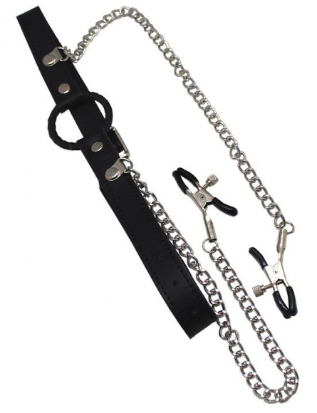 Черный кляп-кольцо с серебристым зажимами для сосков