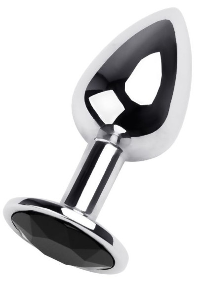 Маленькая коническая серебристая анальная пробка с черным кристаллом - 7 см. 