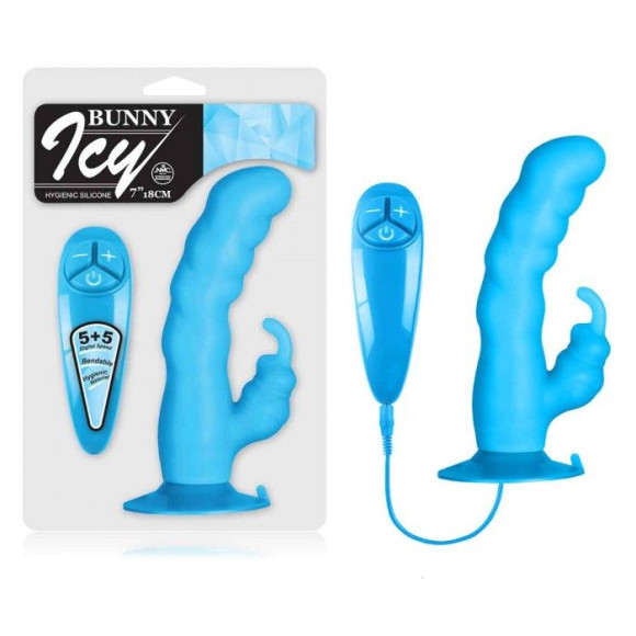 Голубой вибратор с клиторальным стимулятором BUNNY ICY - 18 см. Голубой вибратор с клиторальным стимулятором BUNNY ICY - 18 см.