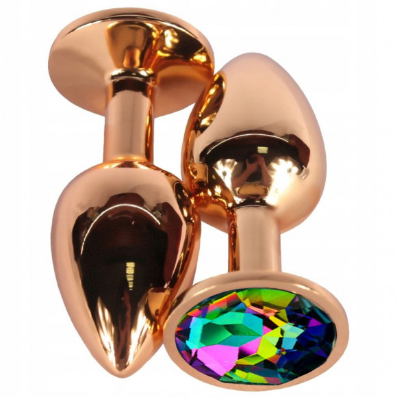 Золотистая анальная пробка с радужным кристаллом - 7,5 см.