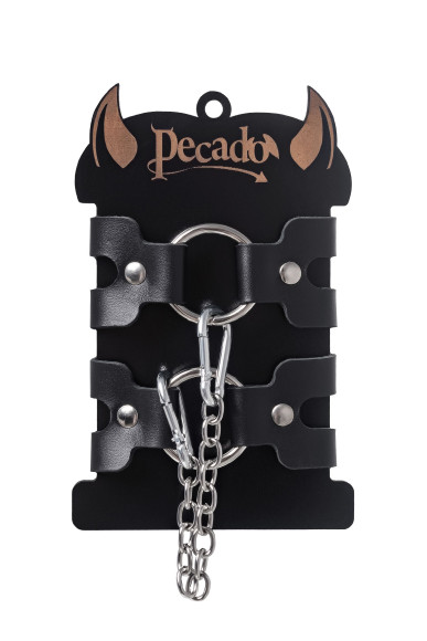 Черные кожаные наручники-браслеты из двух ремешков