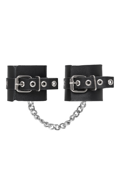 Черные наручники из толстой натуральной кожи с люверсами