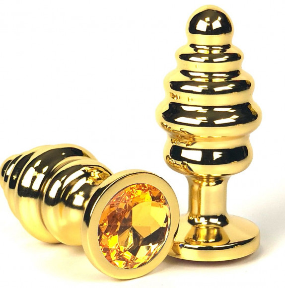 Золотистая ребристая анальная пробка с оранжевым кристаллом - 8,5 см.
