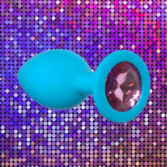 Малая голубая анальная пробка Emotions Cutie Small с розовым кристаллом - 7,5 см.