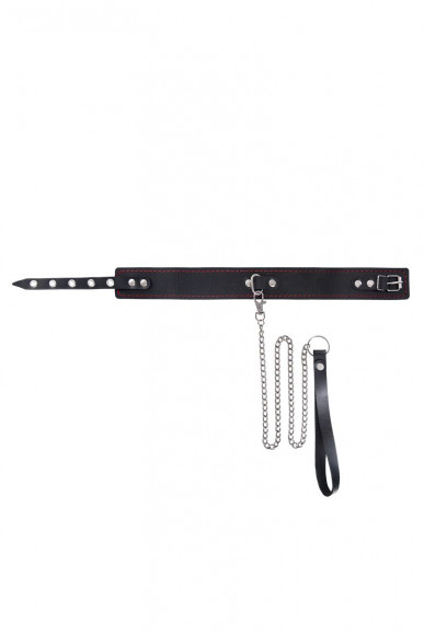 Черный двухслойный ошейник с красной строчкой и поводком Черный двухслойный ошейник с красной строчкой и поводком