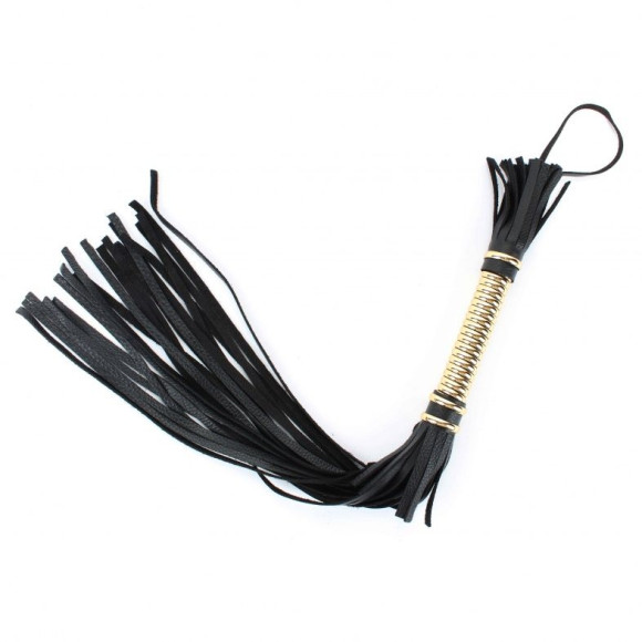 Чёрная плетка из натуральной кожи с золотистой отделкой рукояти - 60 см. Чёрная плетка из натуральной кожи с золотистой отделкой рукояти - 60 см.